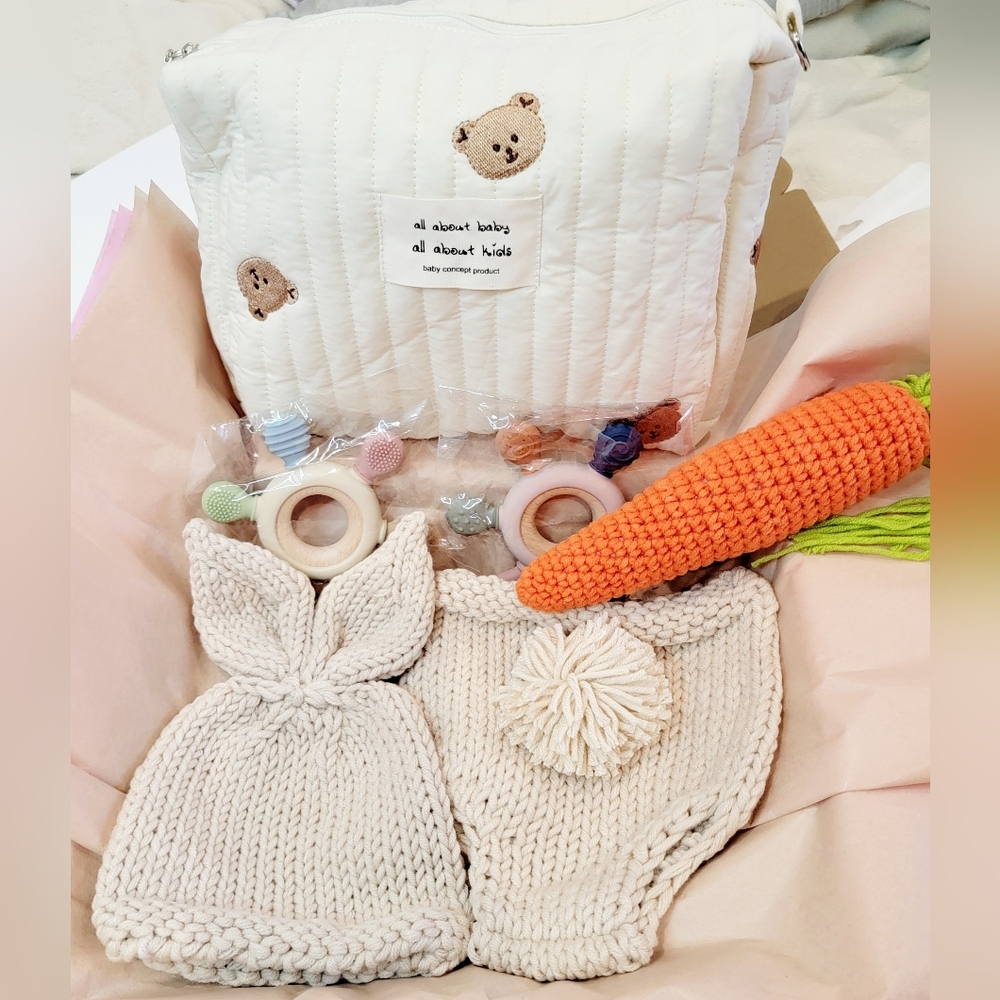 Newborn Gifts Knit Easter hat and bottoms, teethers, diaper bag